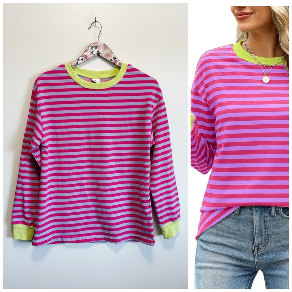 MIHOLL Pink Striped Top Long Sleeves Yellow Chartreuse Trim S Small